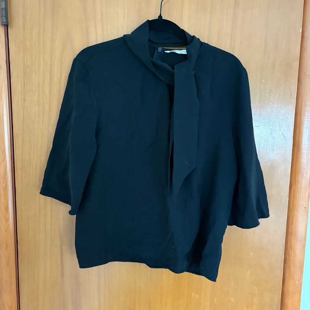 Zara Black Suede-like Top with Necktie
